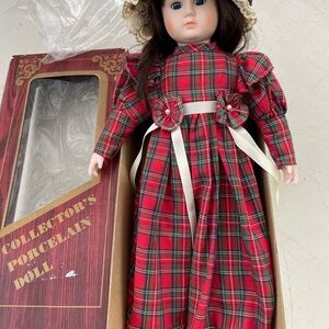 Plaid Porcelain Doll with Hat